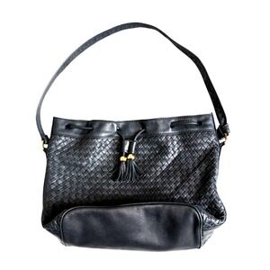 Vintage Ganson BLUE Woven Leather Shoulder Bag Tassel Drawstring Hobo Purse